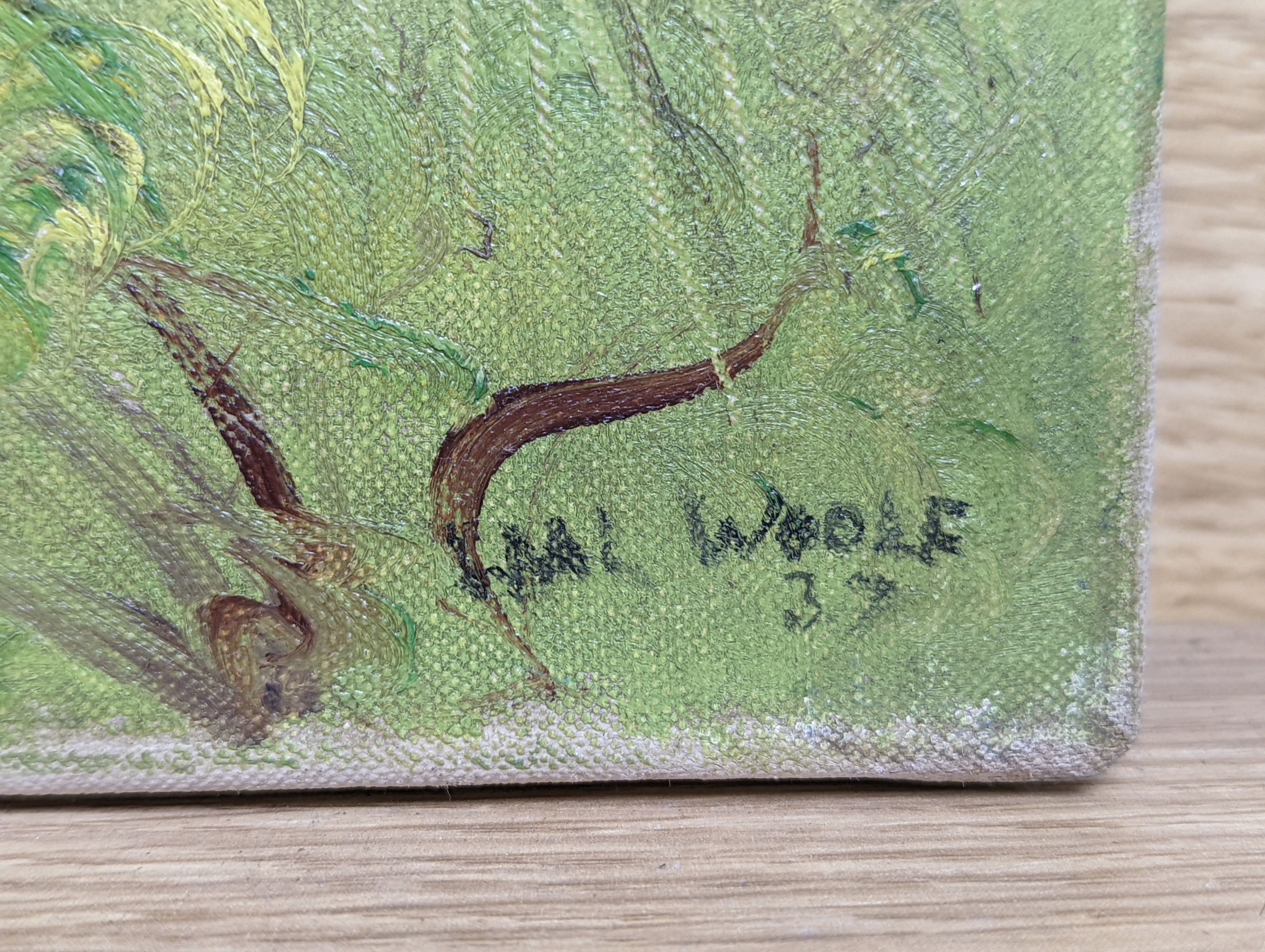 Hal Woolf (1902-1962), oil on canvas, Willow tree and houses, signed and dated '37, 46 x 38cm, unframed